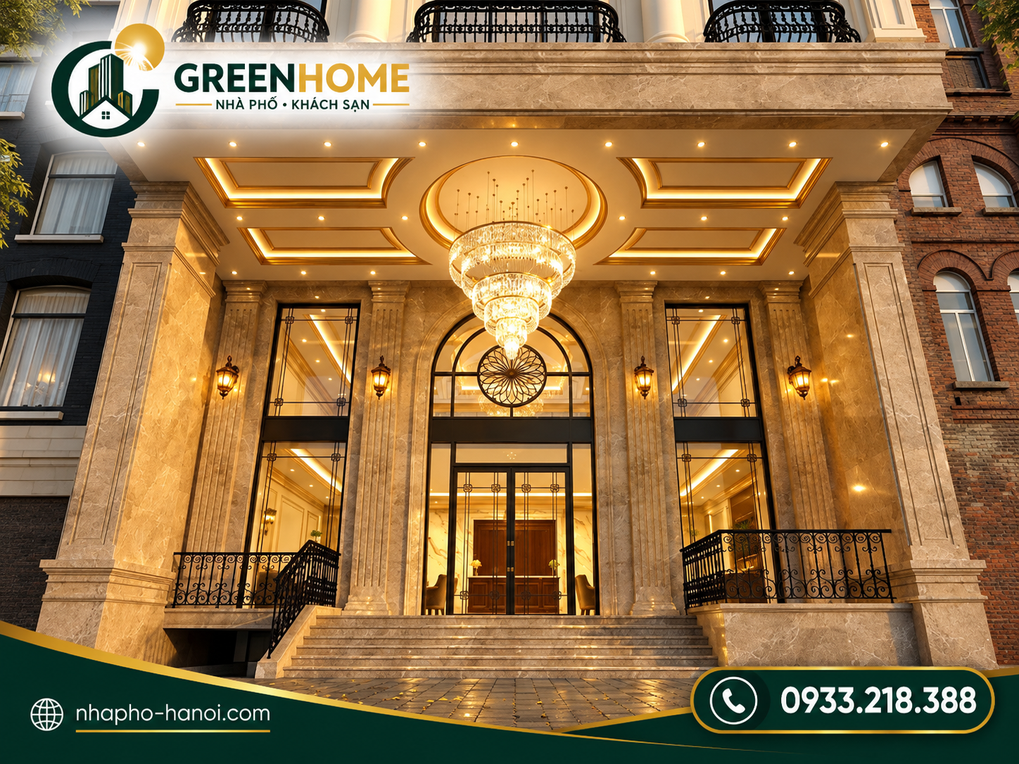 3. Đại Sảnh Đón Khách & Khối Đế Tầng 1 Ốp Đá Marble Hoàng Gia & Đèn Chùm Pha Lê